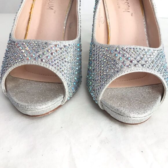 Silver Jeweled Chunky Heels Size 6.5 Wedding Bridal Bling De Blossom Fay 3 - Picture 3 of 8